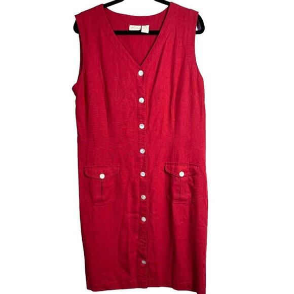St Johns Bay Vintage Linen Blend Red Button Front Sleeveless Midi Dress Size 18M - Picture 1 of 6